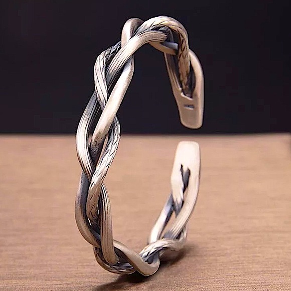 Braided Sterling Silver Bangle Cuff Bracelet - Picture 10 of 16